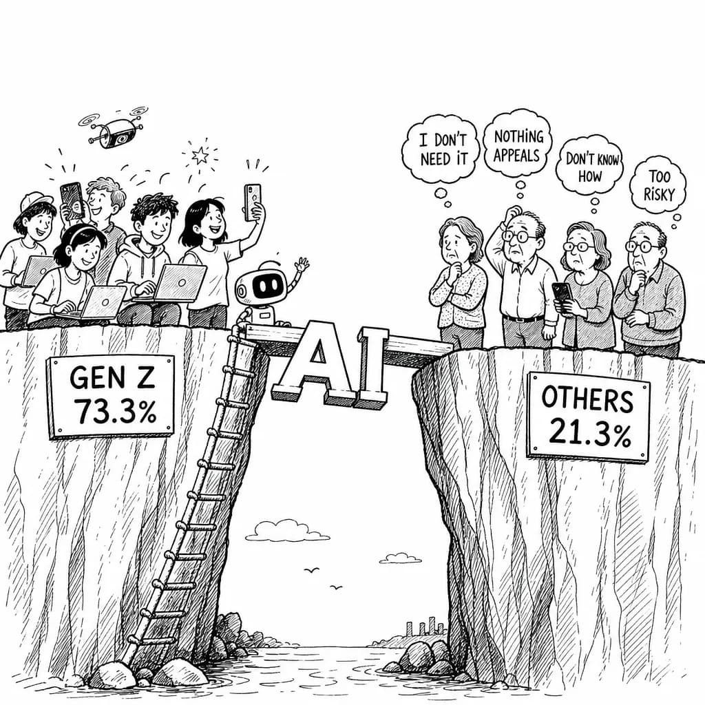 風刺画: 生成AI利用率21.3%、Z世代は73.3%――日本のAI格差、非利用理由も世代で異なる