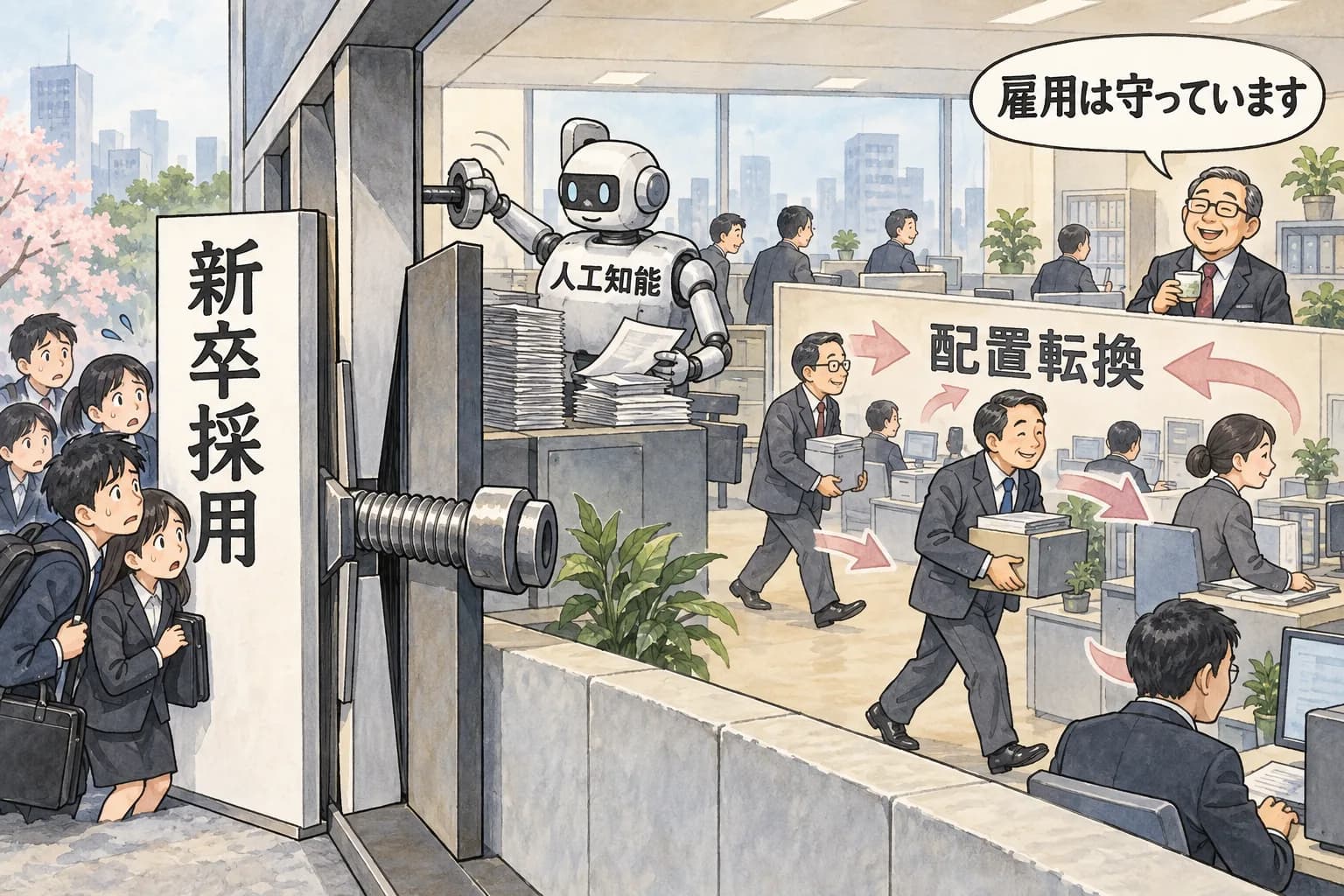 風刺画: AI雇用代替、まず「若手ホワイトカラーの採用」から――米22〜25歳で雇用16%減、日本は危機感薄いまま「静かな移行期」へ