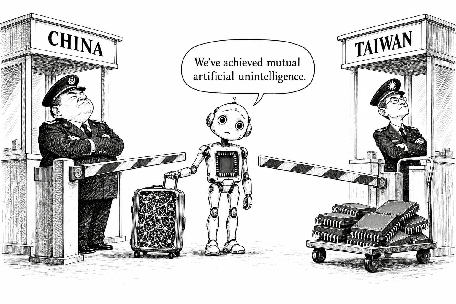 Editorial cartoon: China proposes adding 23 AI technologies to its export control catalogue, with model weights and agents expected to be covered; Taiwan says the same day it will curb AI chip exports to China