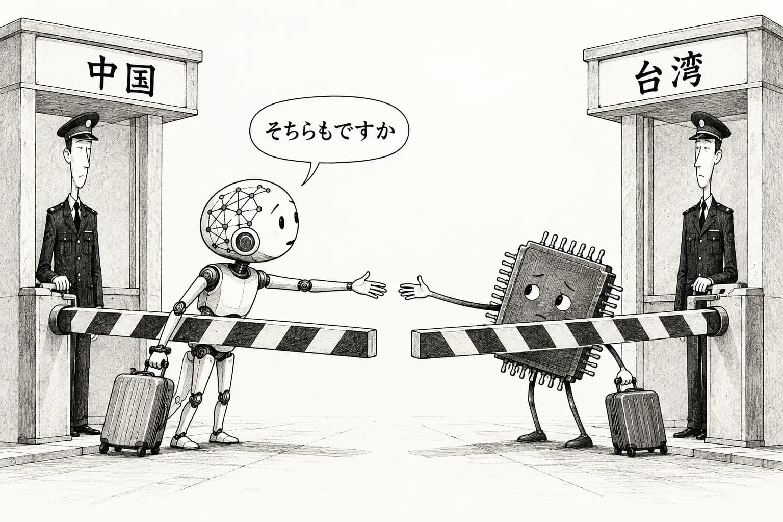 風刺画: 中国が AI の23の技術を輸出規制の目録に加える案を出した。モデルの重みとエージェントも対象になる見込みで、同じ日に台湾は中国向けの AI チップを規制すると表明した