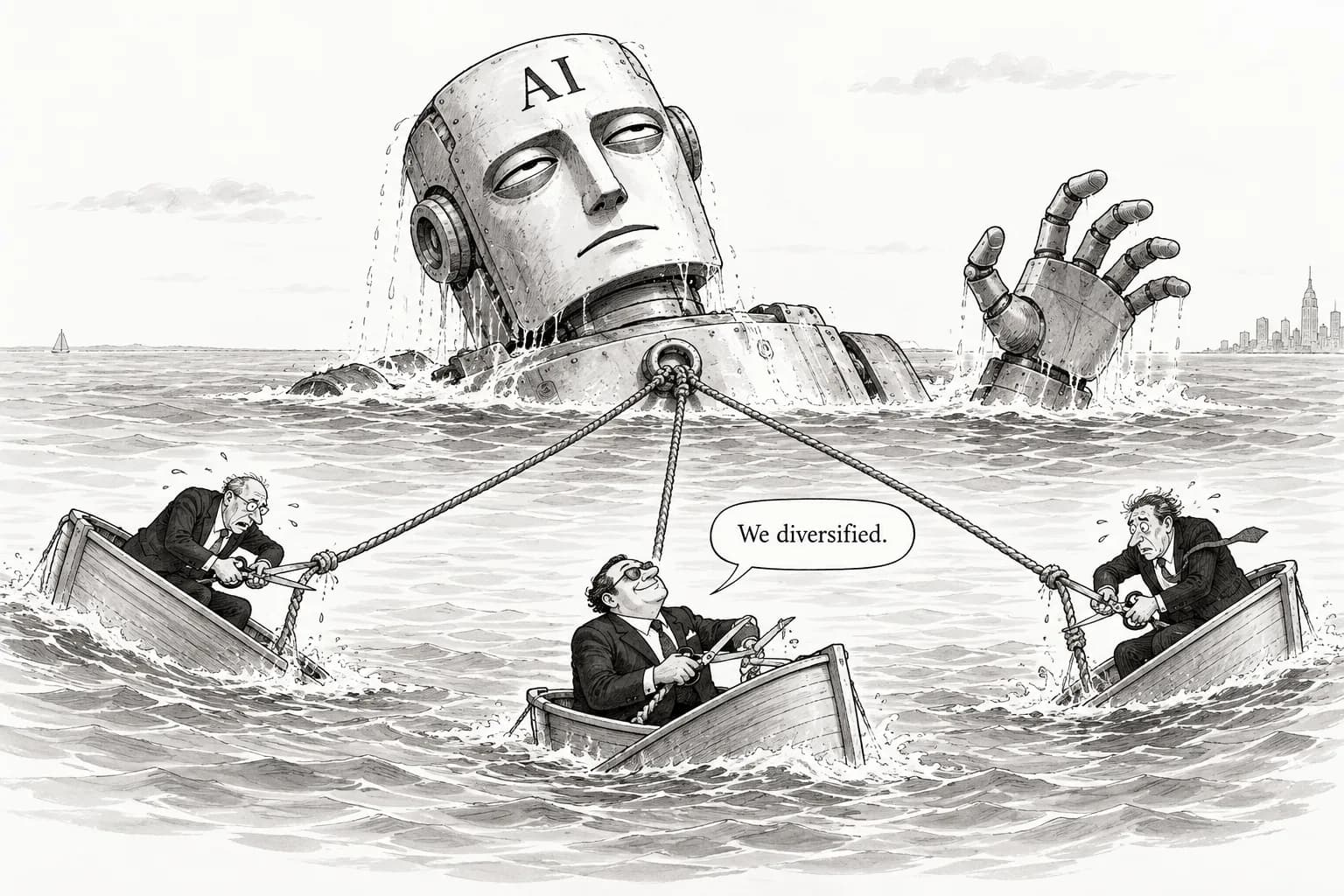 Editorial cartoon: AI stock selloff hands three main hedge fund strategies losses of more than 1%, a first since the pandemic