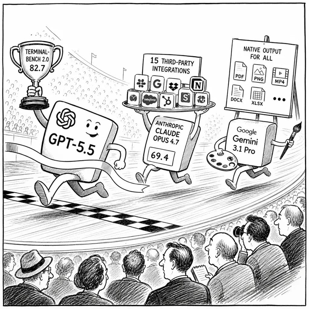 風刺画: AI大手3社の新機能競争が激化:OpenAI GPT-5.5、Anthropic Claude Opus 4.7、Google Gemini 3.1 Proが最新アップデートで性能向上を競う