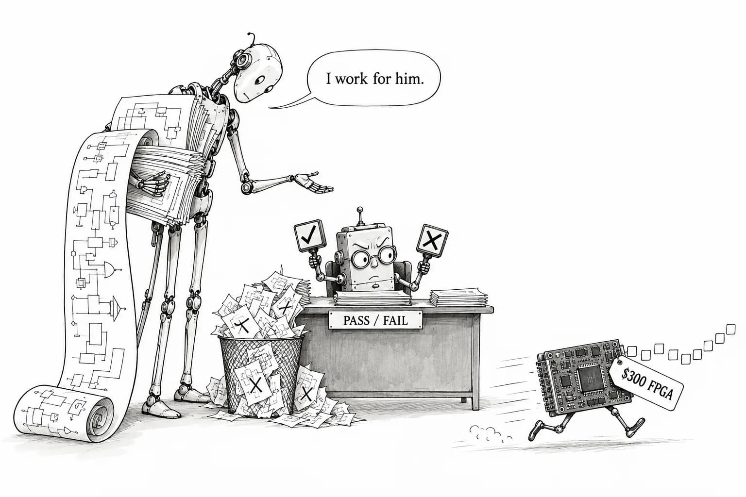 Editorial cartoon: AI wrote everything from chip RTL to compiler, hitting 85 tokens per second on a used FPGA of about $300. What set the speed was its pass/fail verification