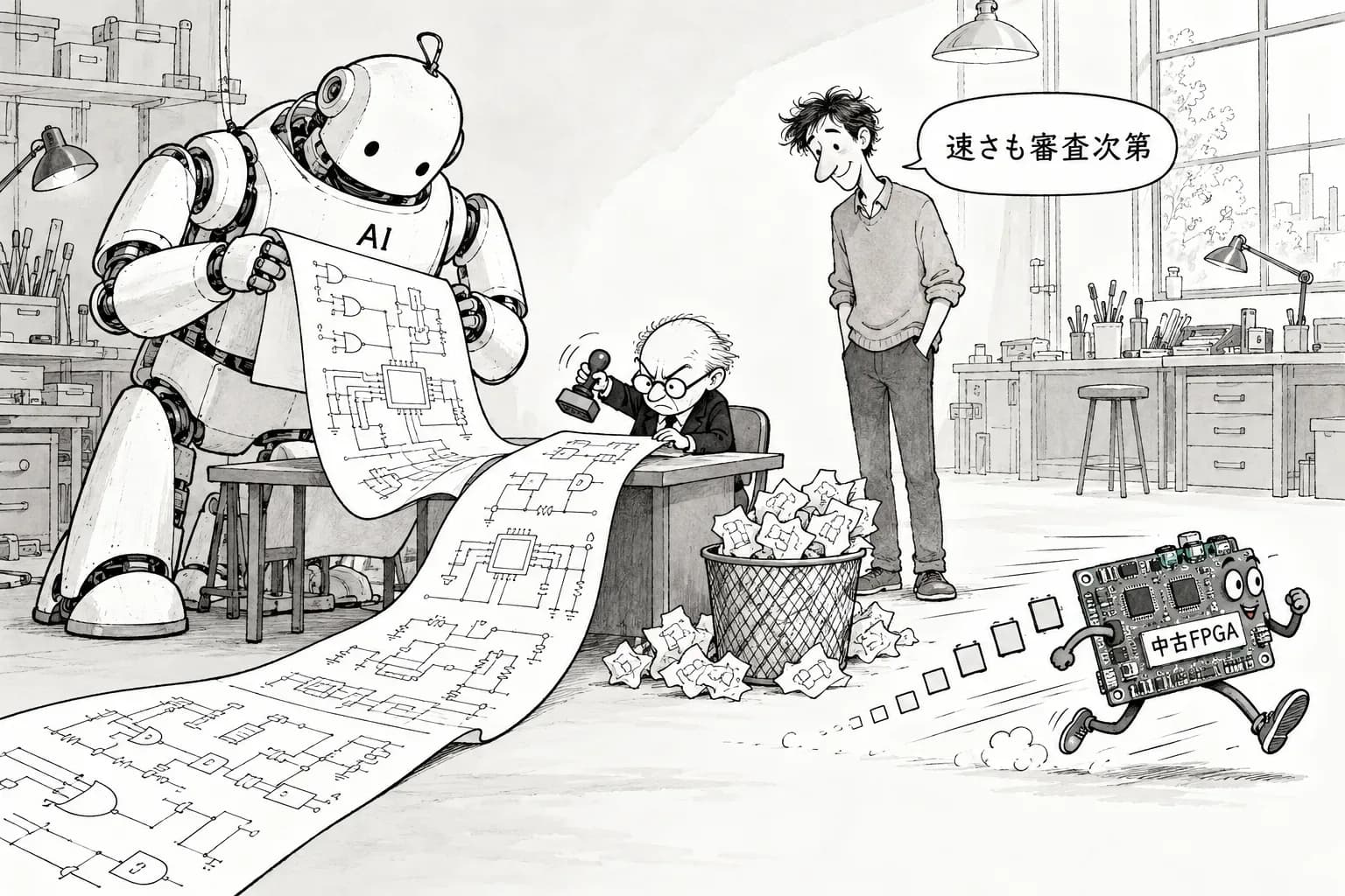 風刺画: AIに半導体の設計図からコンパイラまで書かせて、約300ドルの中古FPGAで毎秒85トークン。速さを決めたのは「合否判定の仕組み」だった