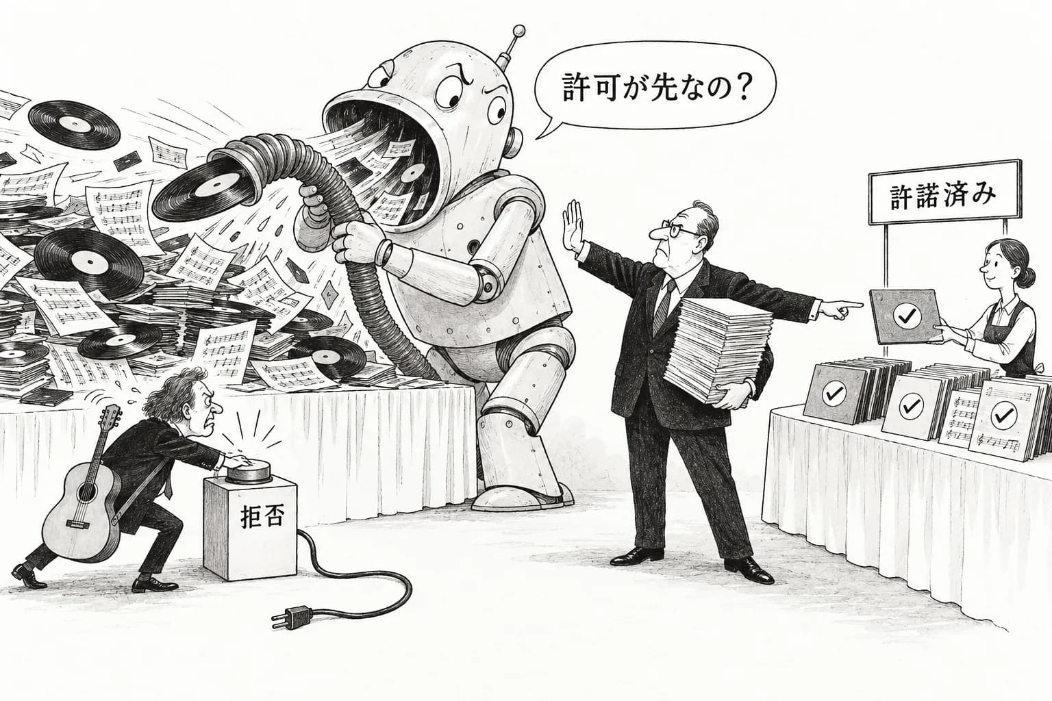 風刺画: AI学習データのオプトアウト機能不全、ソニー・ワーナー系35社がAnthropicを提訴 政府はオプトイン提言、権利クリア済みデータセットへ移行圧力
