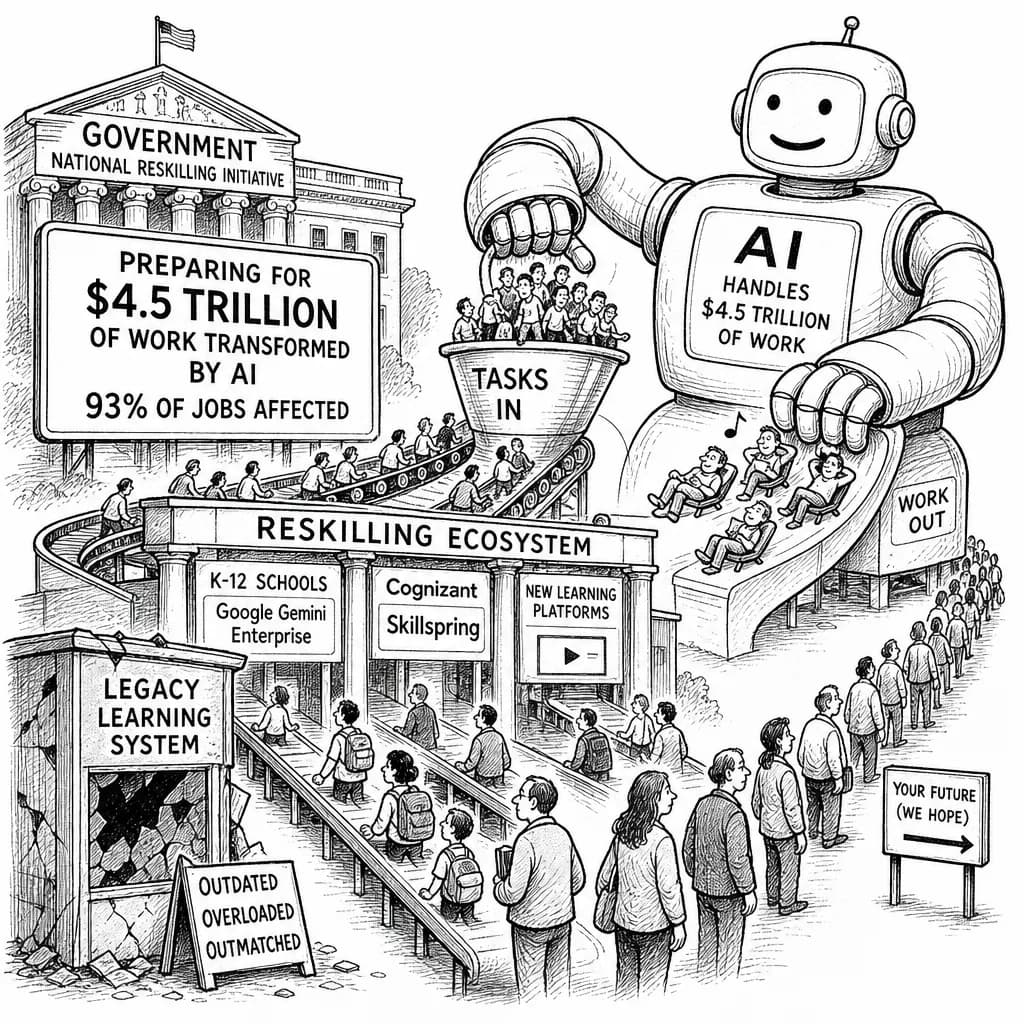 風刺画: 政府主導のAI時代リスキリング戦略が本格化、従来の学習システムでは対応困難な4.5兆ドル規模の業務変革に備える