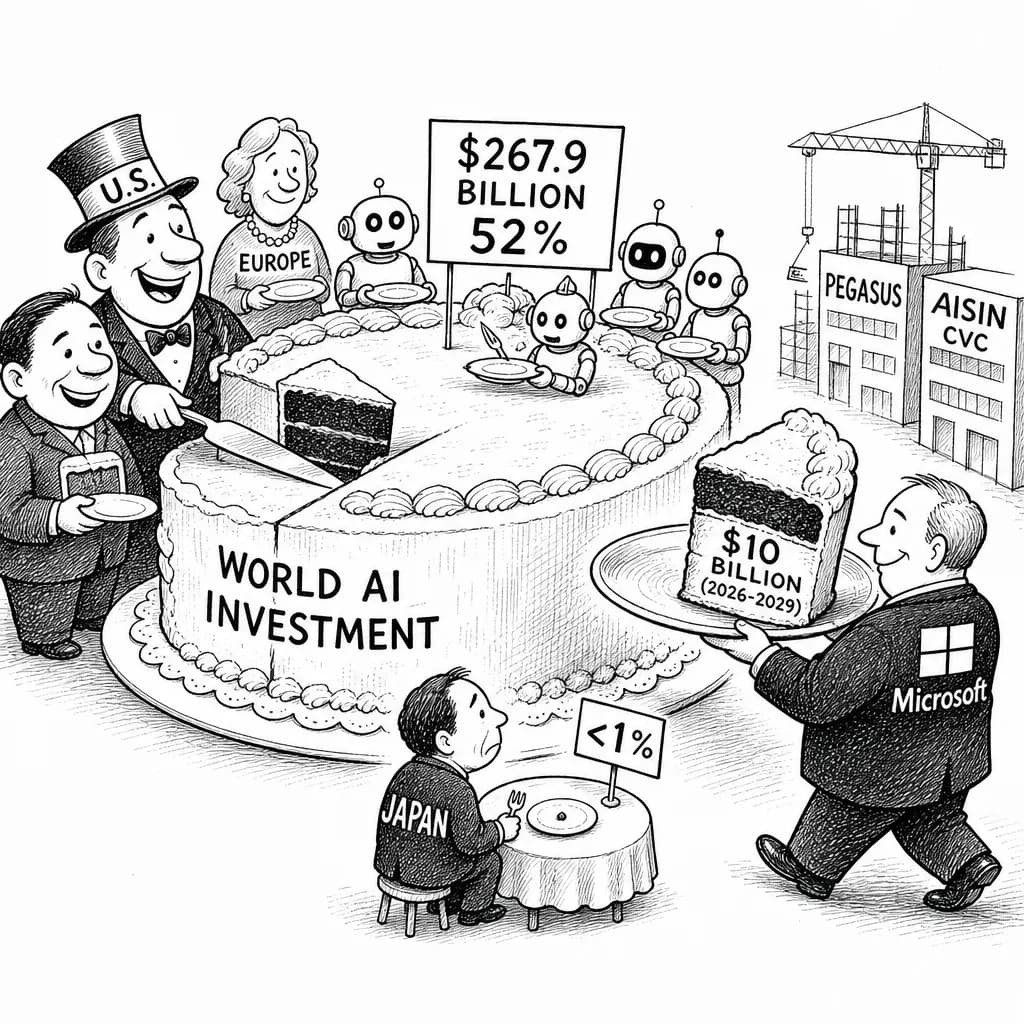風刺画: 世界AI投資が過半数の52%・2679億ドルに、日本シェアは1%未満――マイクロソフト100億ドル投資などで穴埋め