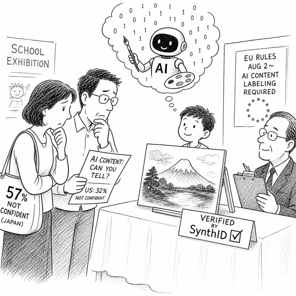 風刺画: AI生成コンテンツ、見分けられない時代へ——日本の保護者57%が「識別に自信なし」、対策は「見分ける」から「証明する」技術へ移行