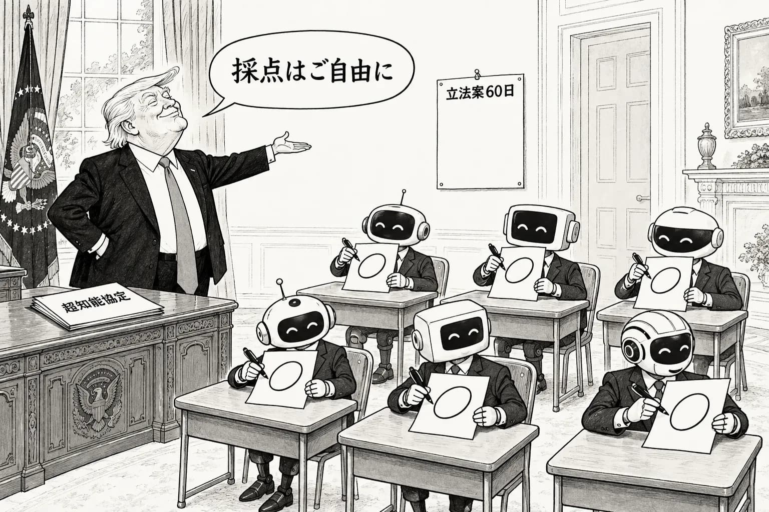 風刺画: トランプと AI 6社が『超知能協定』に署名 罰則も期限もない自主規制に、60日後の立法案という宿題