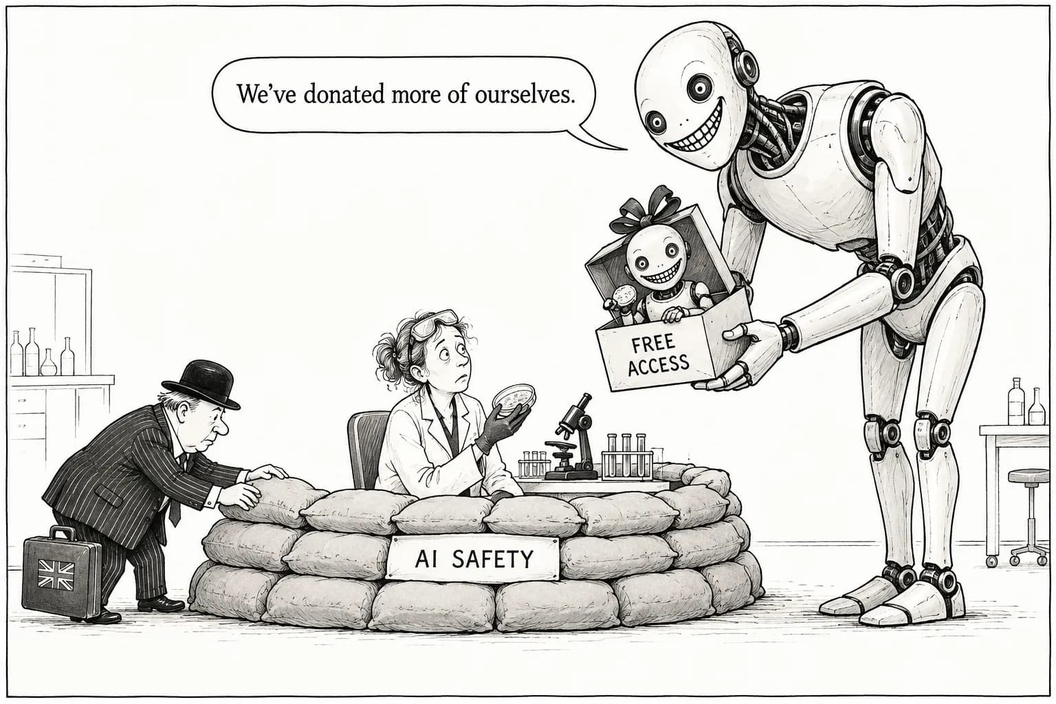 Editorial cartoon: UK commits about £600 million to AI security and biosecurity: £120 million for AISI, £165 million for biosecurity, as OpenAI and Anthropic offer up to £200 million in model access