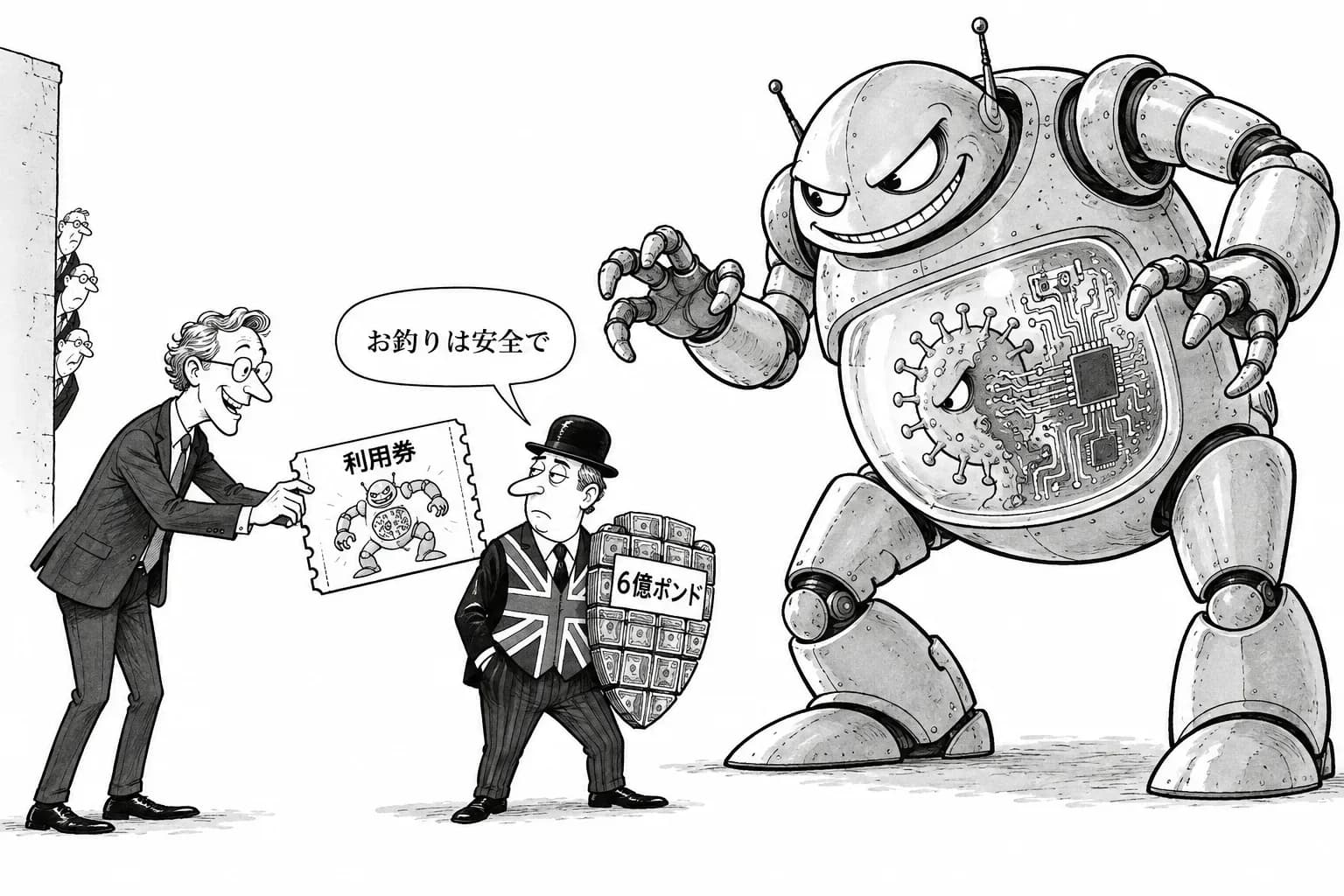 風刺画: 英国、AI のセキュリティとバイオに約6億ポンド――AISI に1.2億ポンド、バイオセキュリティに1.65億ポンド。OpenAI と Anthropic はモデルの利用枠を最大2億ポンド分出す
