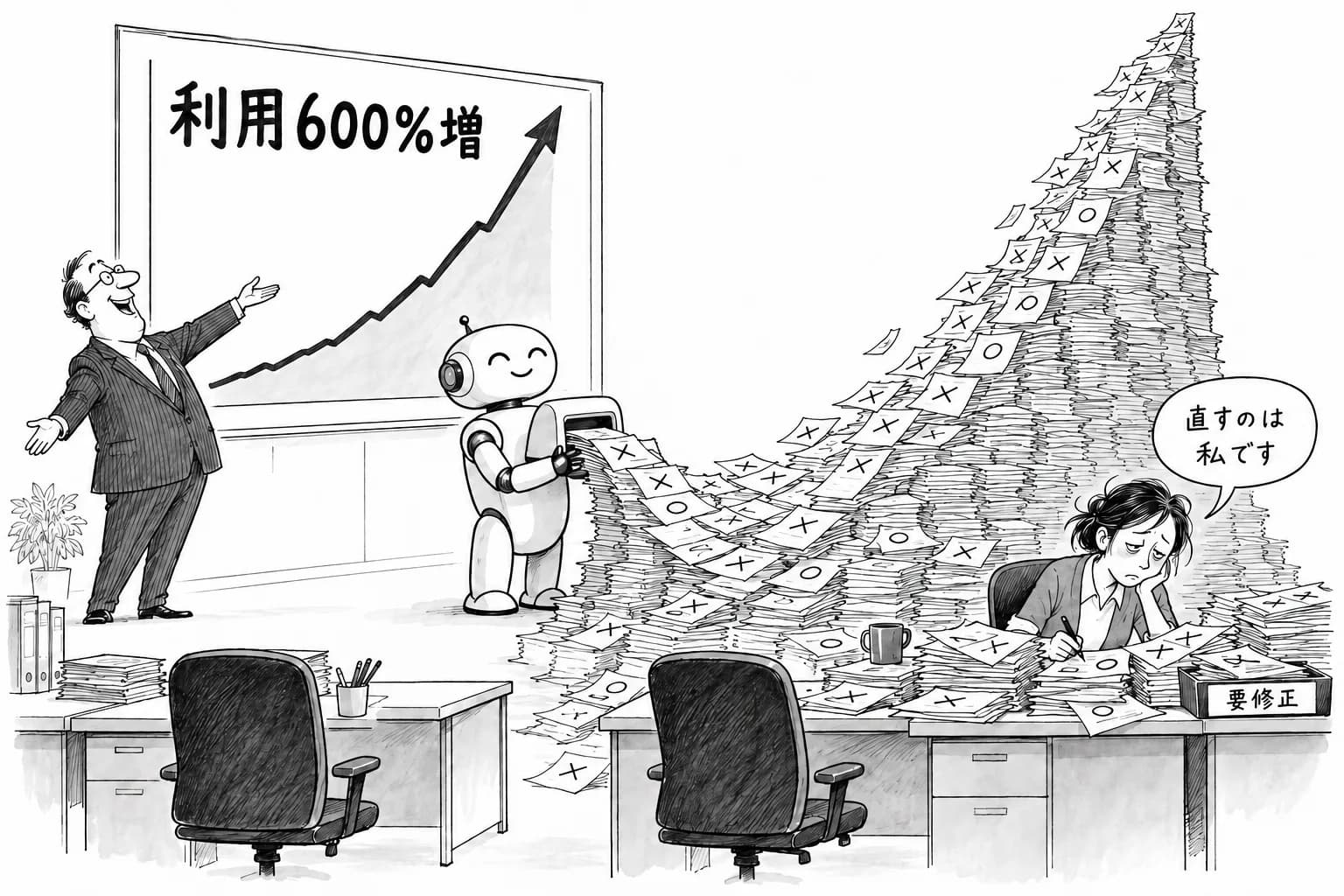 風刺画: 「AI利用600%増」と「6割が間違い体験」——生産性向上の実測と体感が一致しない理由