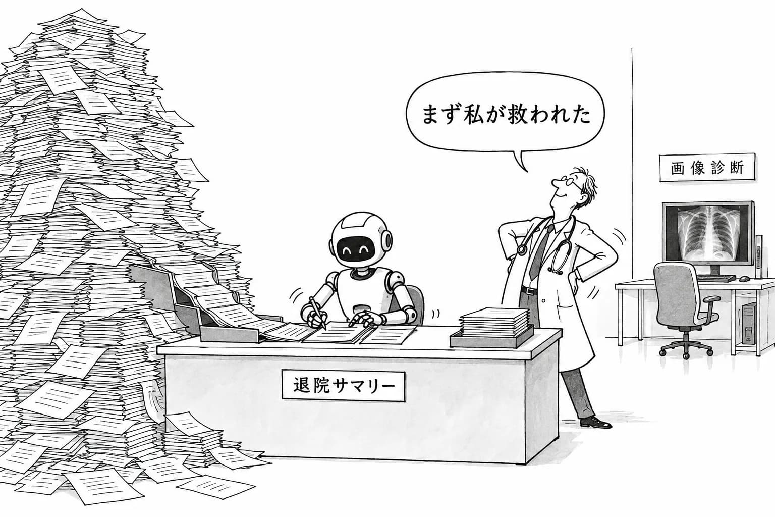 風刺画: 退院サマリー作成、生成AIで最大66%短縮——医療現場のAI実装、画像診断より文書作成が先行