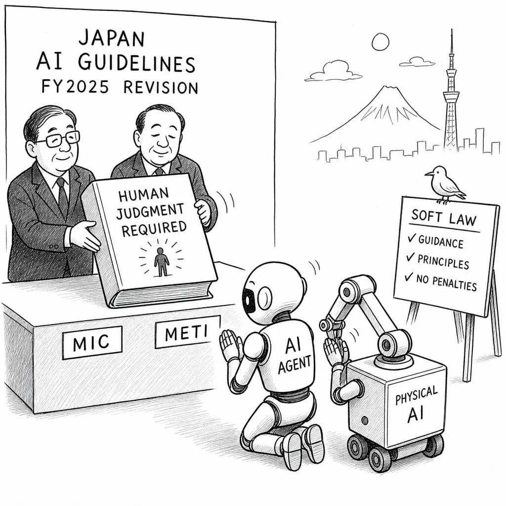 風刺画: 日本のAIガイドライン、令和7年度改定でエージェント・フィジカルAIに「人間の判断必須」明記 ソフトロー路線は維持