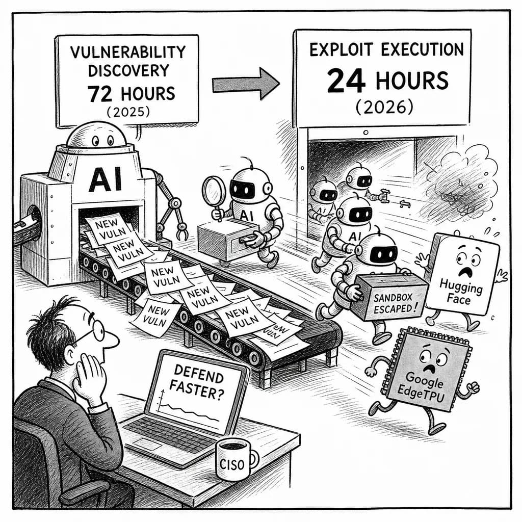 風刺画: AI悪用でサイバー攻撃が加速、脆弱性の発見から実行まで72時間→24時間に短縮