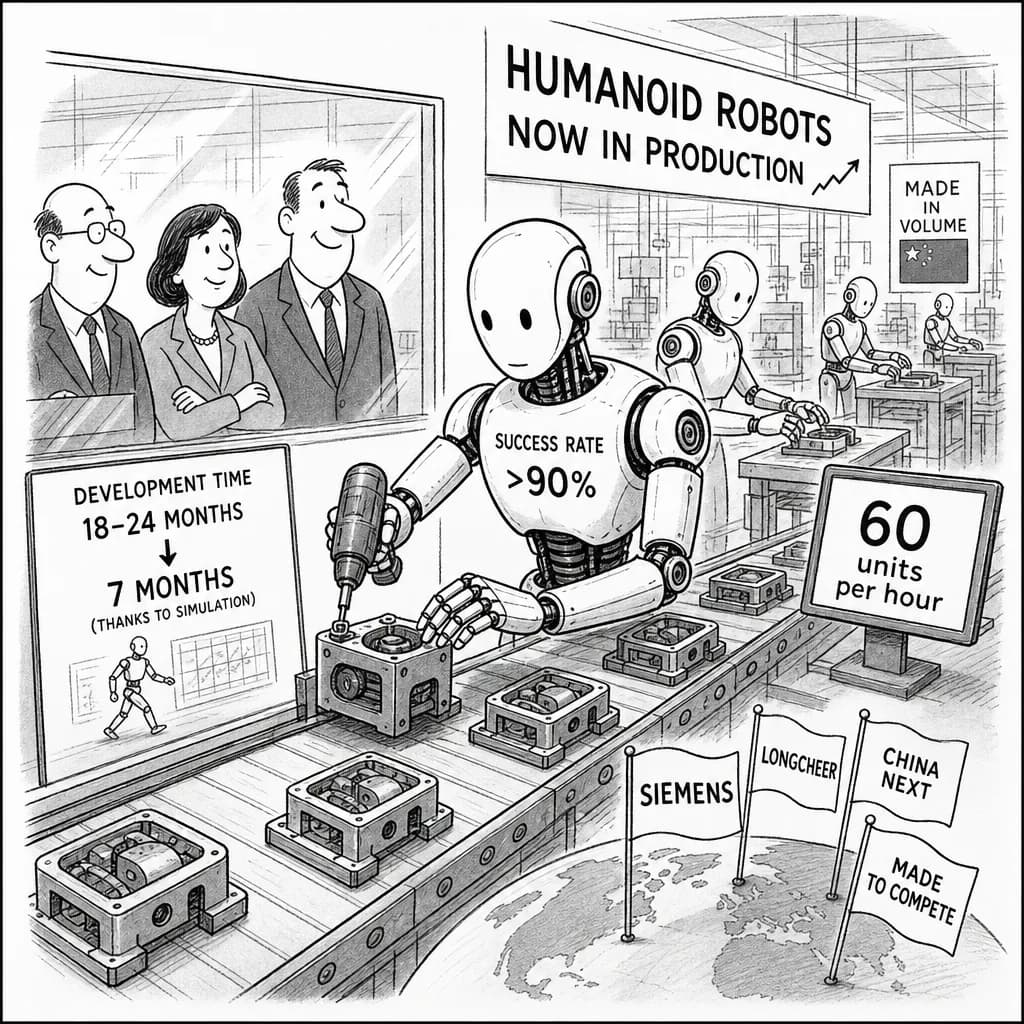 風刺画: 工場で実際に動いてる!ヒューマノイドロボットが工業現場でAI活用、成功率90%超えの実績が続々