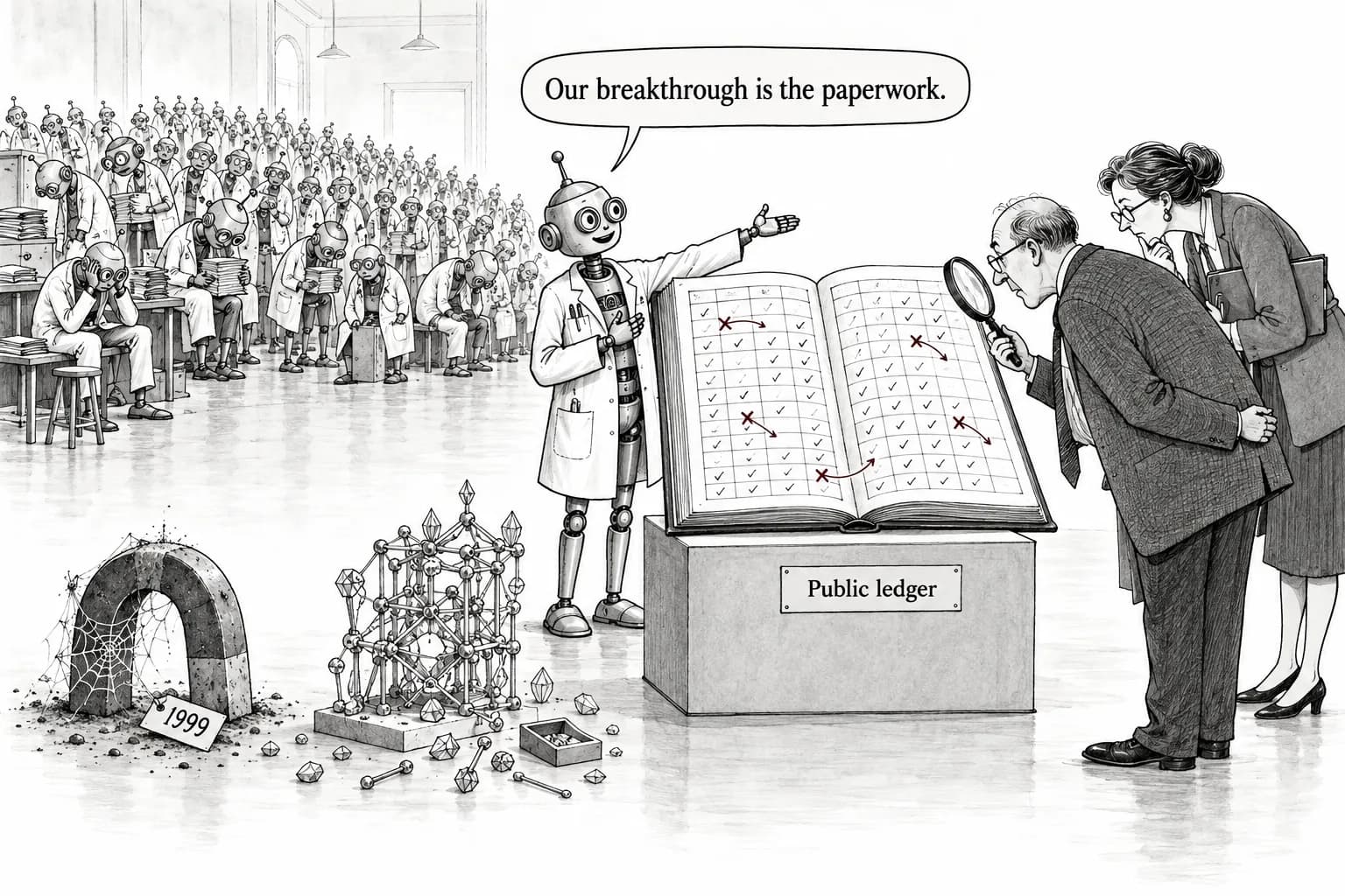 Editorial cartoon: 90 AI agents hunted for magnetic materials in 3 days, and the most useful output was a ledger that kept its 5 corrections