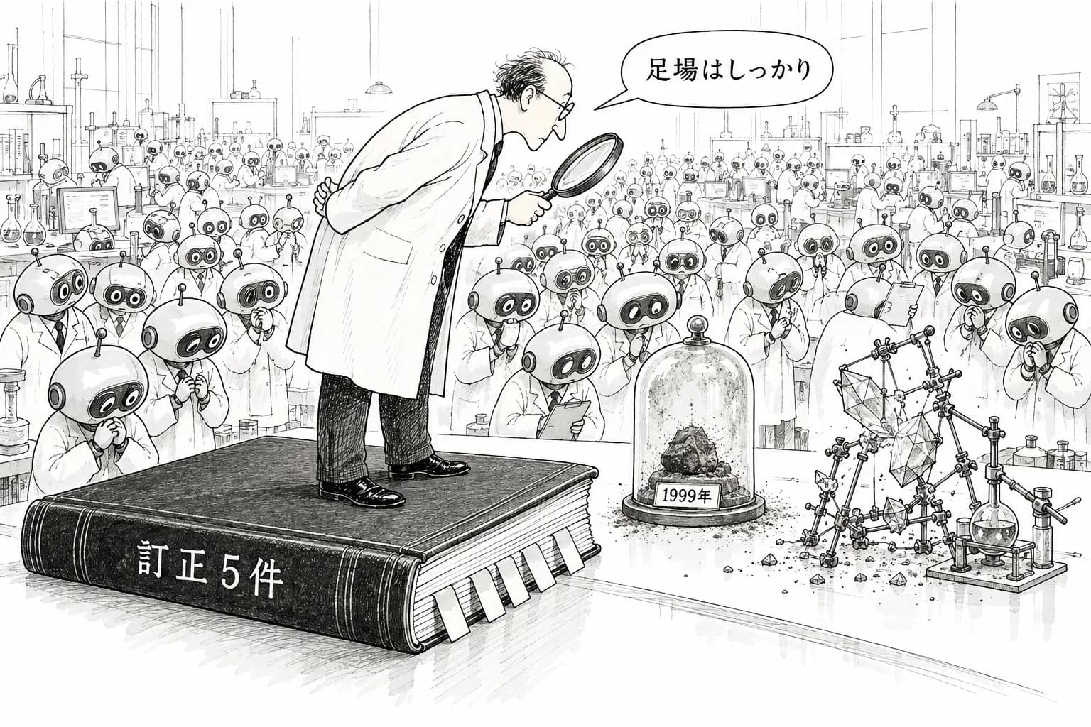 風刺画: AIエージェント90体が3日で磁性材料を探索、いちばん効いたのは「5件の訂正」まで残した記録帳だった