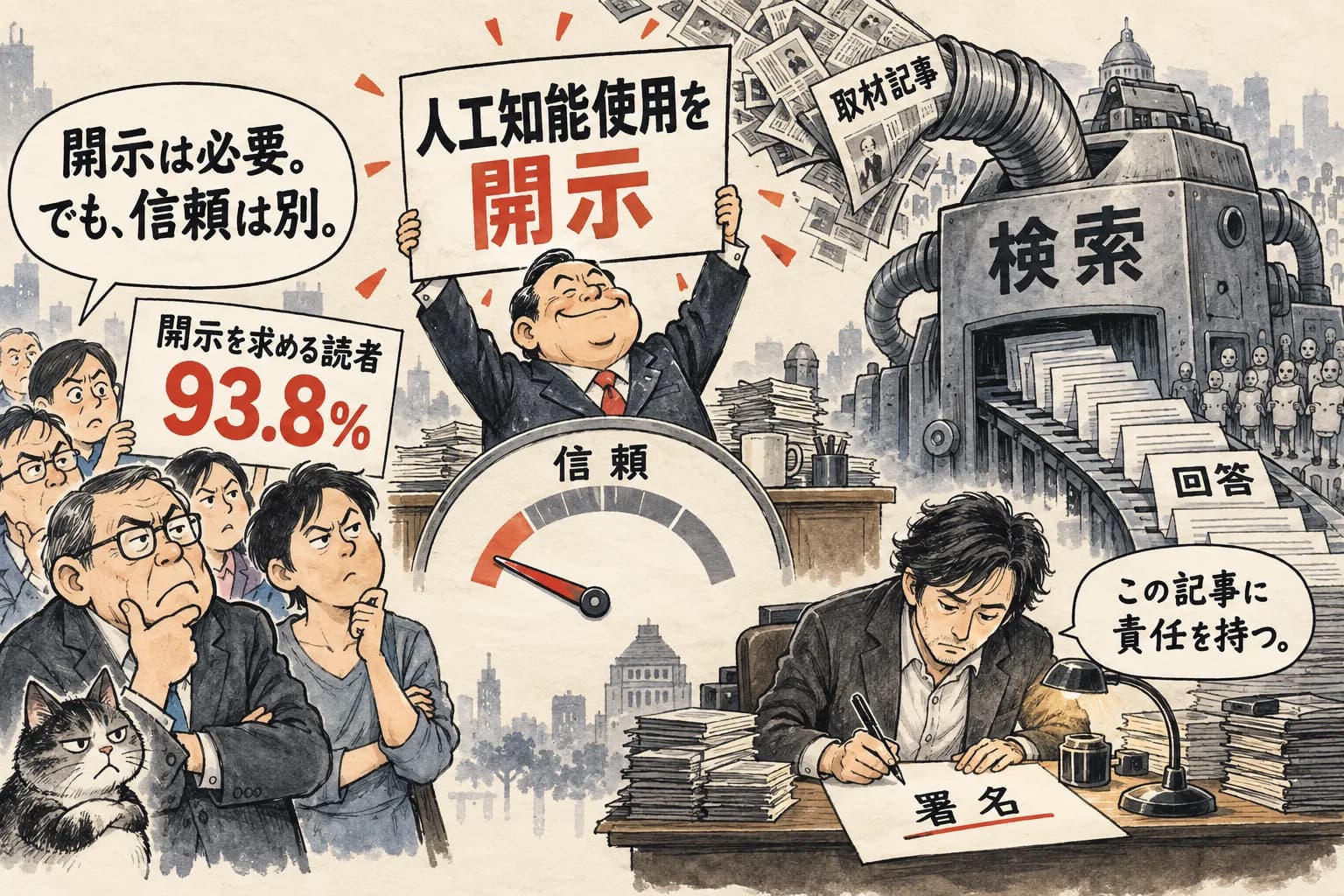 風刺画: AI開示で読者の93.8%が求めても信頼は上がらない——ジャーナリズムが直面する『検索簒奪』とバイネーム回帰