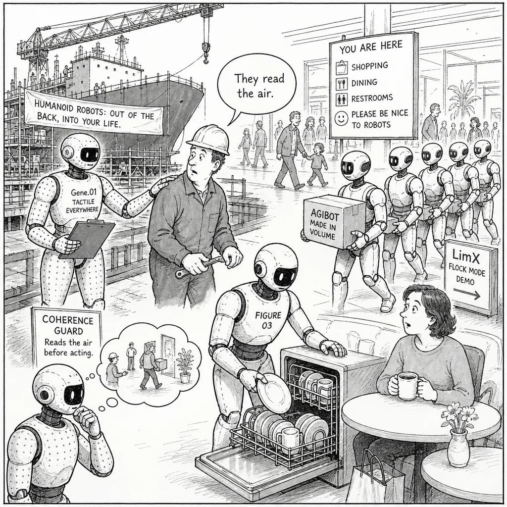 風刺画: 人型ロボット、造船所や商業施設で「人のそば」へ ― 触覚センサーと行動前チェックAIが変えるフィジカルAIの現場
