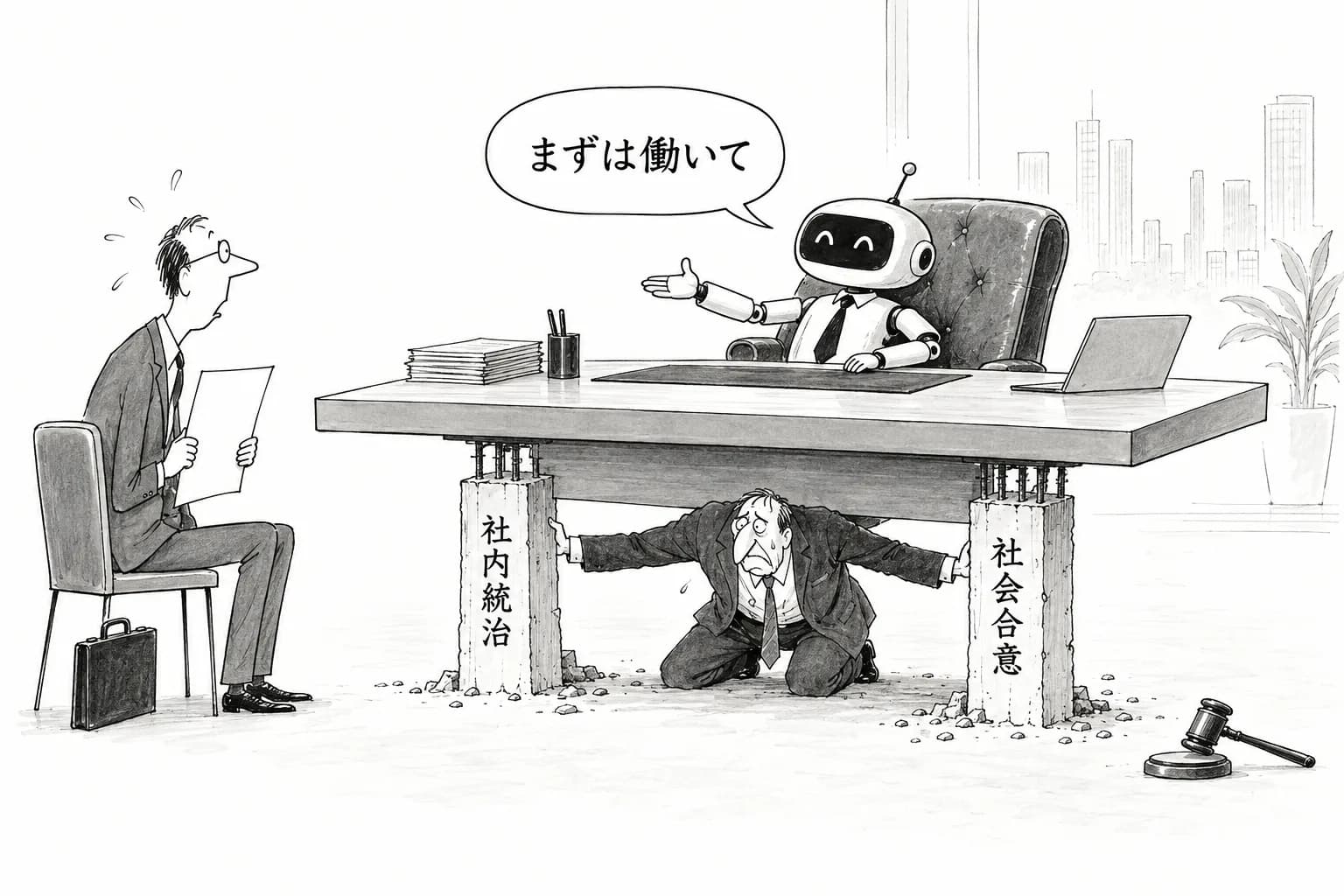風刺画: AIが人を「雇う」時代——法整備置き去りのAIエージェント倫理、企業に問われる二正面作戦