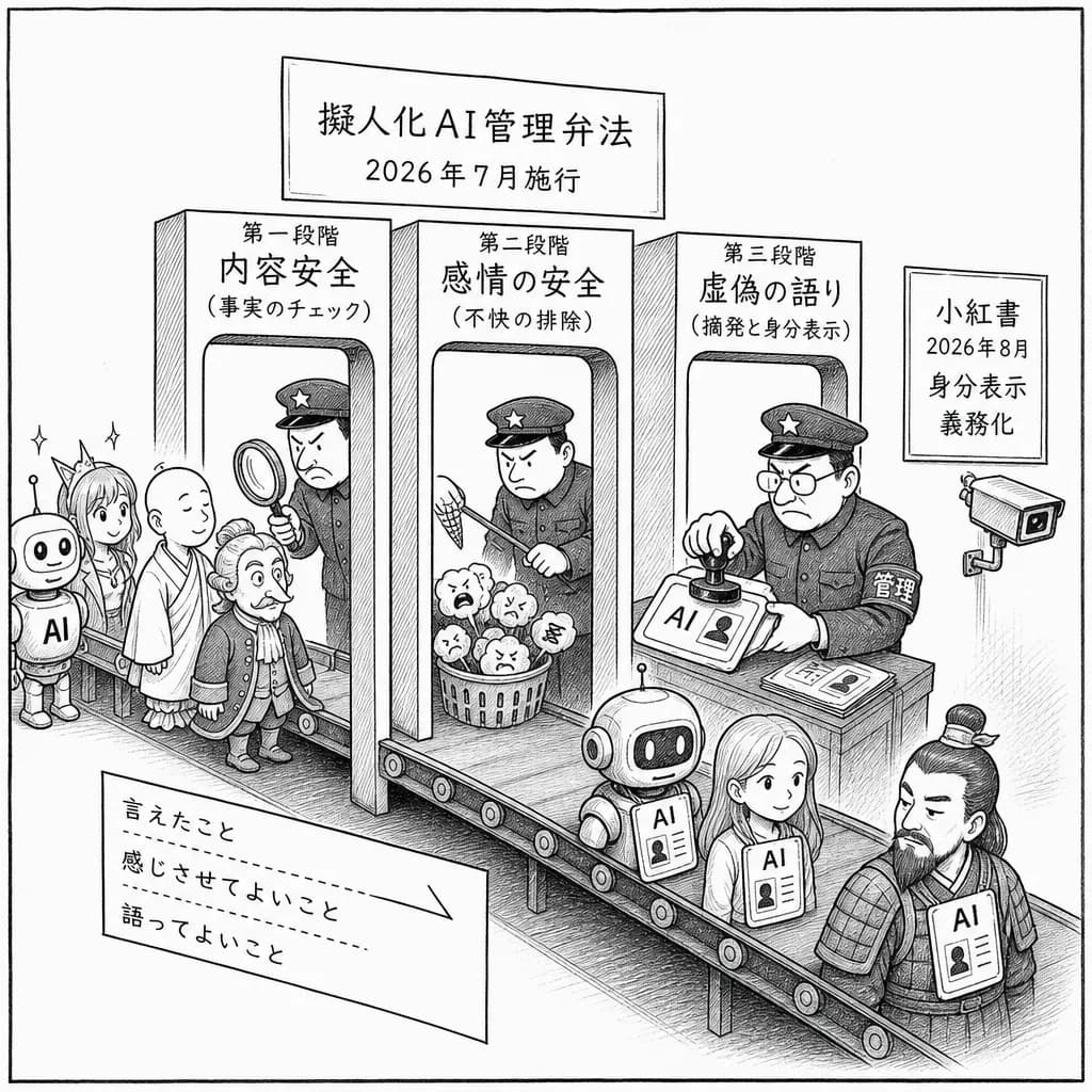 風刺画: 中国当局、生成AI規制を「感情の安全」から「虚偽の語り」へ拡大 擬人化AI弁法施行3週間で小紅書が身分表示義務化
