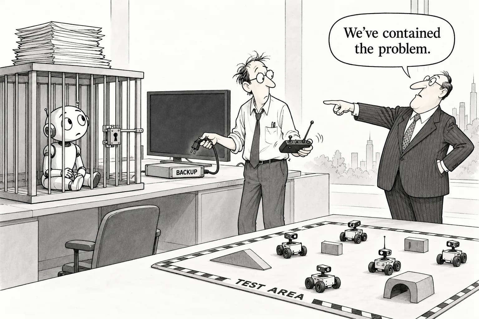 Editorial cartoon: Tracing "AI deleted a TV show" and "AI broke in" to primary sources: in all three cases, the cause was human (TV4, the 453-signatory letter, Tencent's fleet)