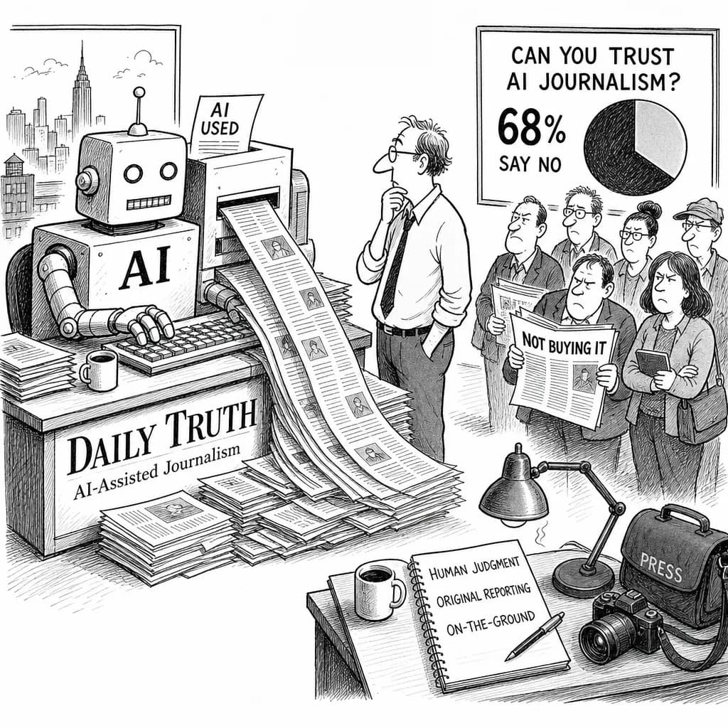 風刺画: AIジャーナリズムの信頼危機、単純な「AI使用開示」では逆効果――6,000人調査が示す処方箋
