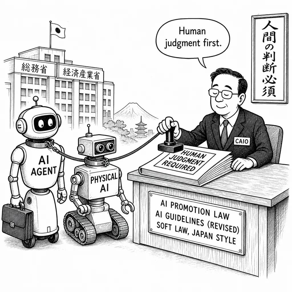 風刺画: 日本のAI規制、ソフトロー継続へ ガイドライン改定でAIエージェント・フィジカルAIに「人間の判断必須」明記、AI推進法・CAIO体制も並走