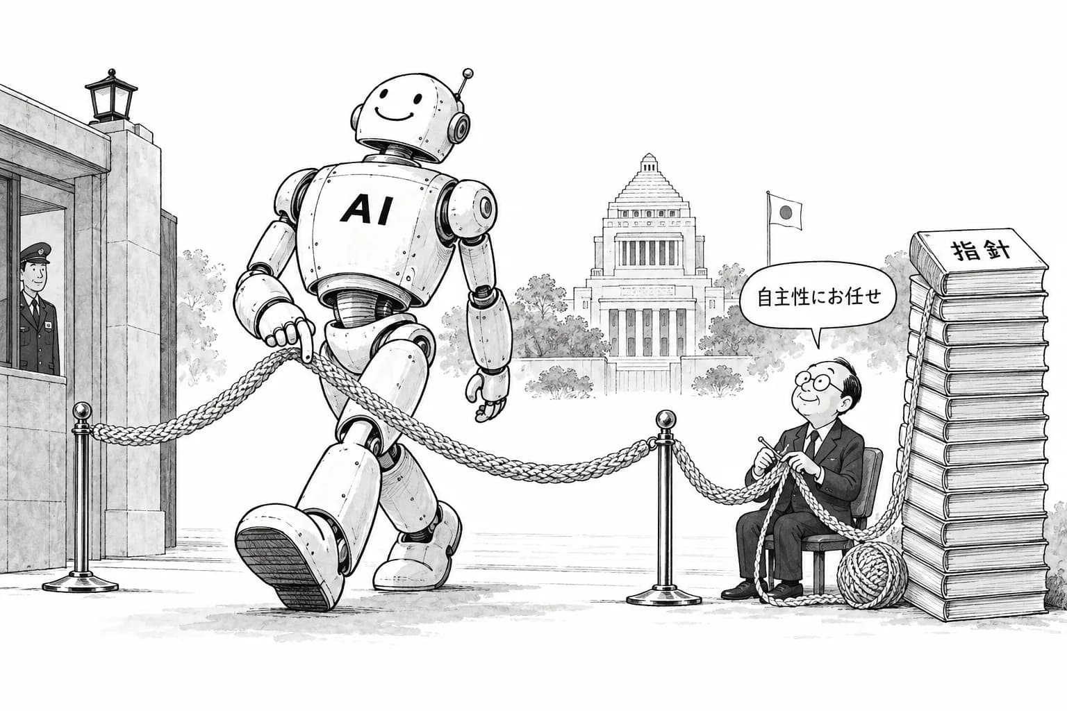 風刺画: 日本のAI規制、ソフトロー堅持で「中間」路線を強化 AI推進法全面施行・CAIOガイドブック案・事業者ガイドライン改訂が同時進行