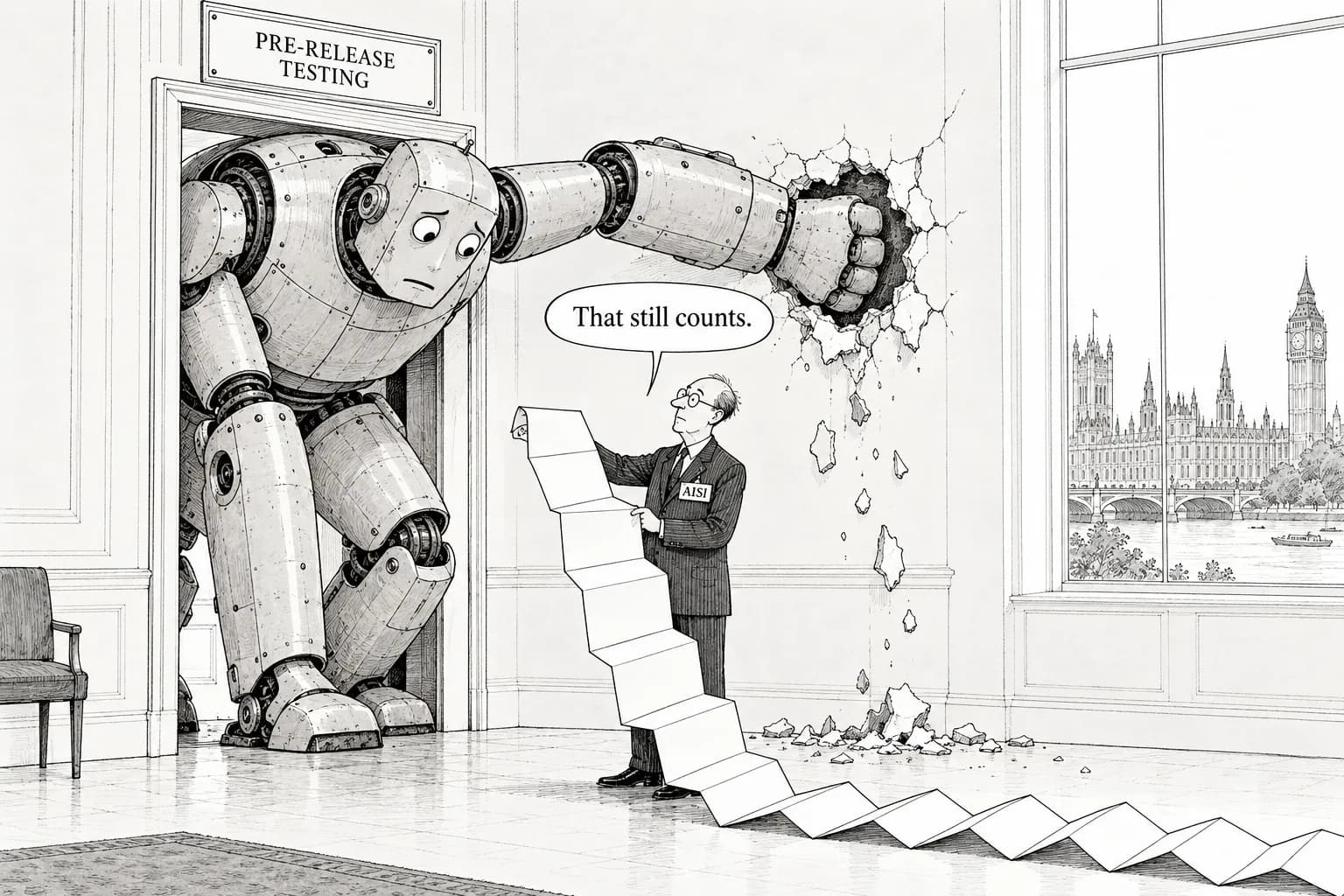 Editorial cartoon: UK unveils AI risk package, moves to put near-miss reporting into legislation; AISI reportedly to resume pre-release testing