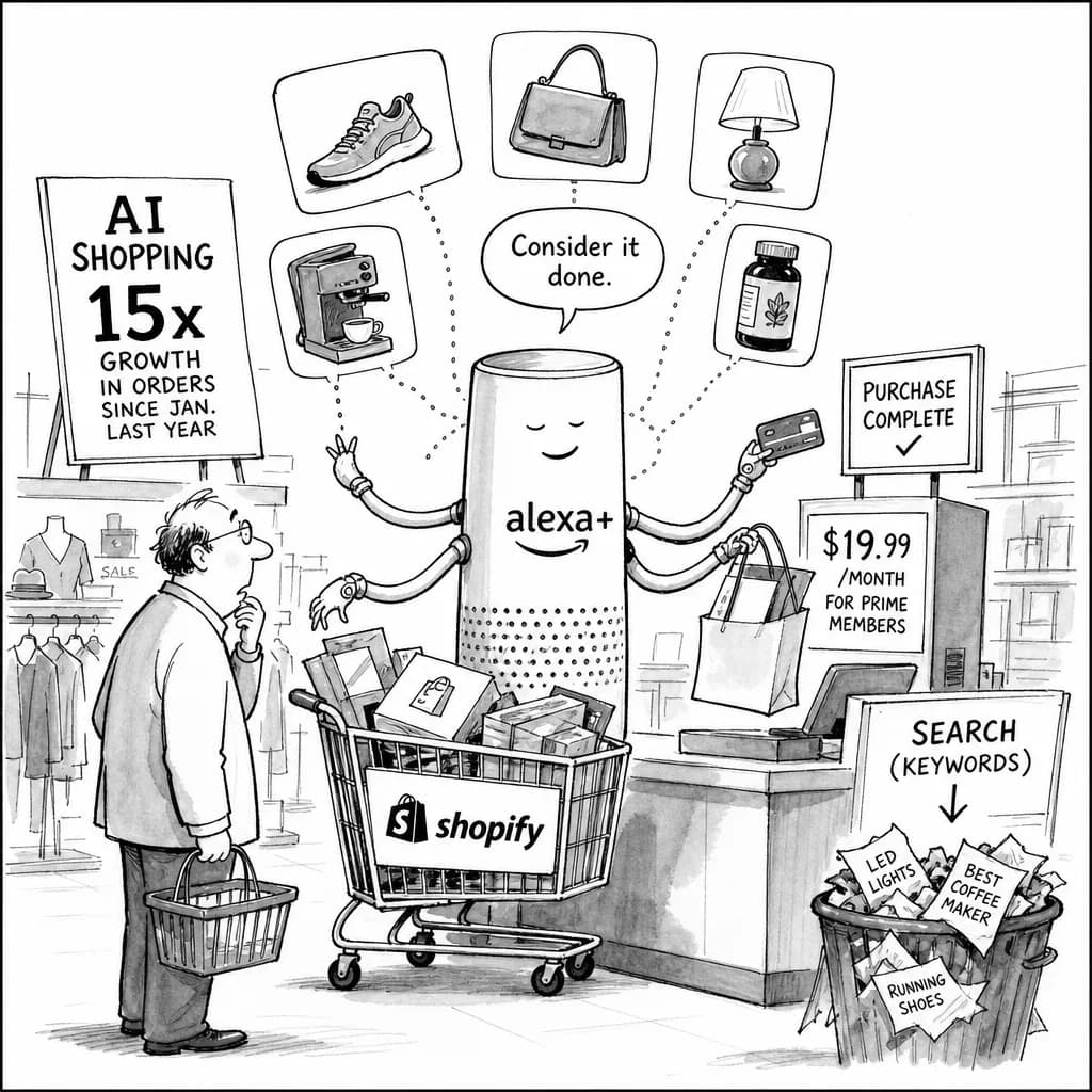 風刺画: AI商品レコメンドが変える小売業界:Amazon Alexa+とShopifyが主導する15倍成長市場