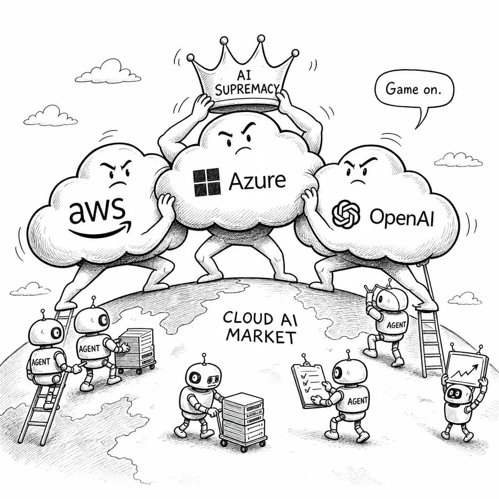 風刺画: クラウドAI競争が新段階へ:AWS、Azure、OpenAIが独自モデル開発で覇権争い