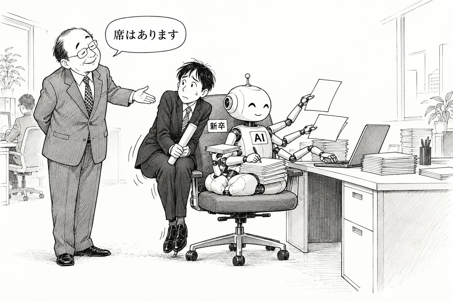 風刺画: AI雇用インパクトは「総量崩壊」でなく「構造的圧迫」——米BofA分析、若年大卒者の雇用13%減が示す静かな代替