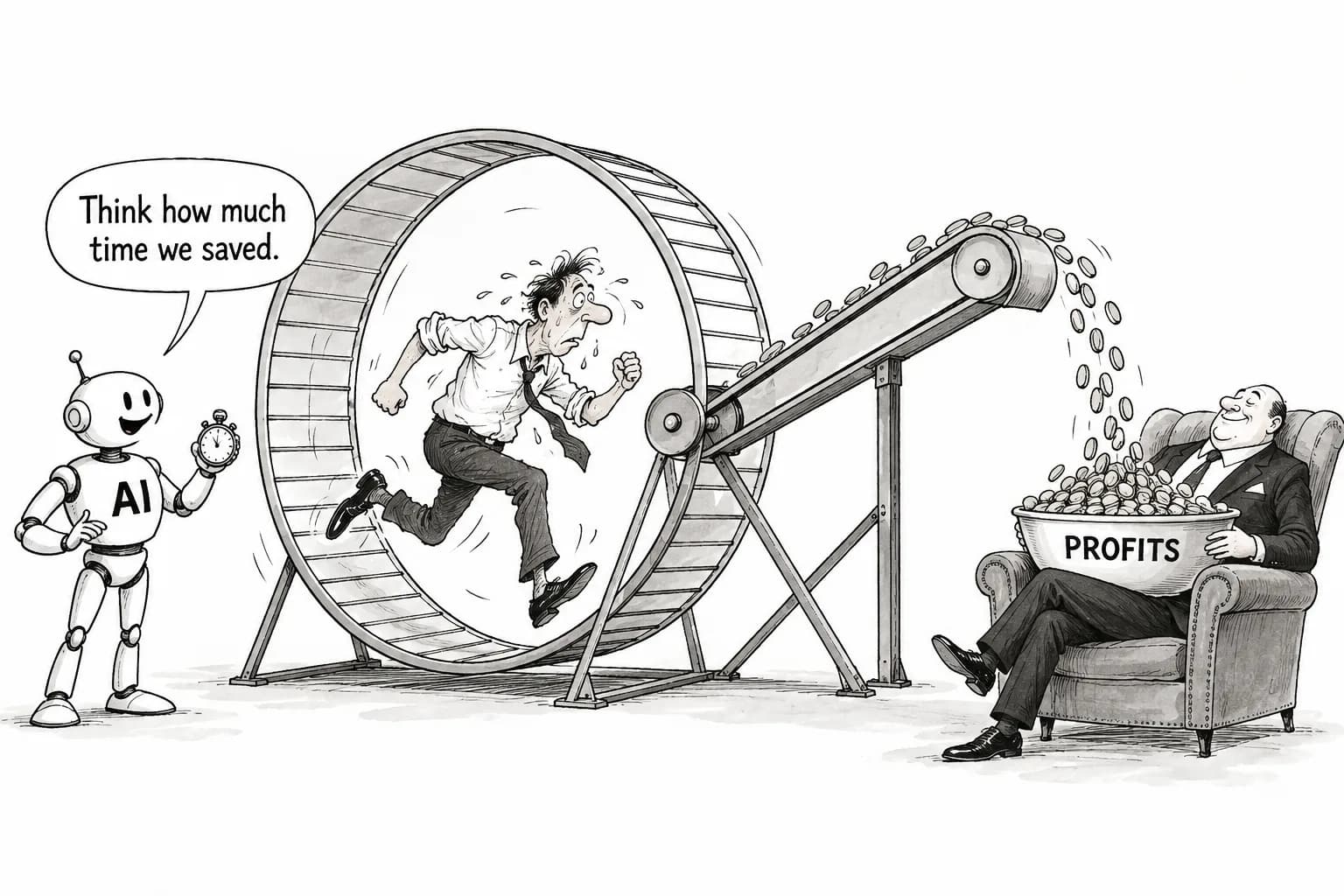 Editorial cartoon: AI has made us work more, not smarter — the real question is who gets the productivity gains