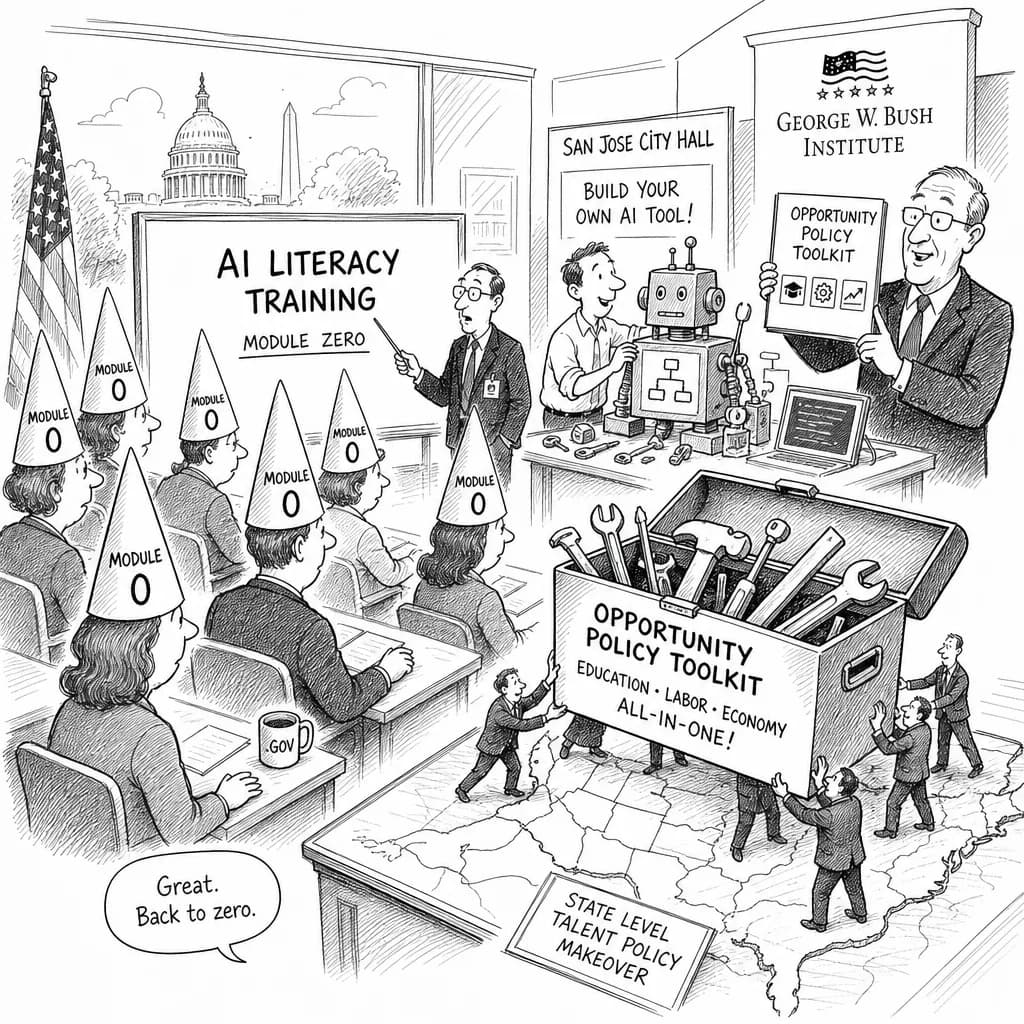 風刺画: 米政府機関でAIリテラシー研修が本格化、ワシントンD.C.は「モジュール・ゼロ」導入