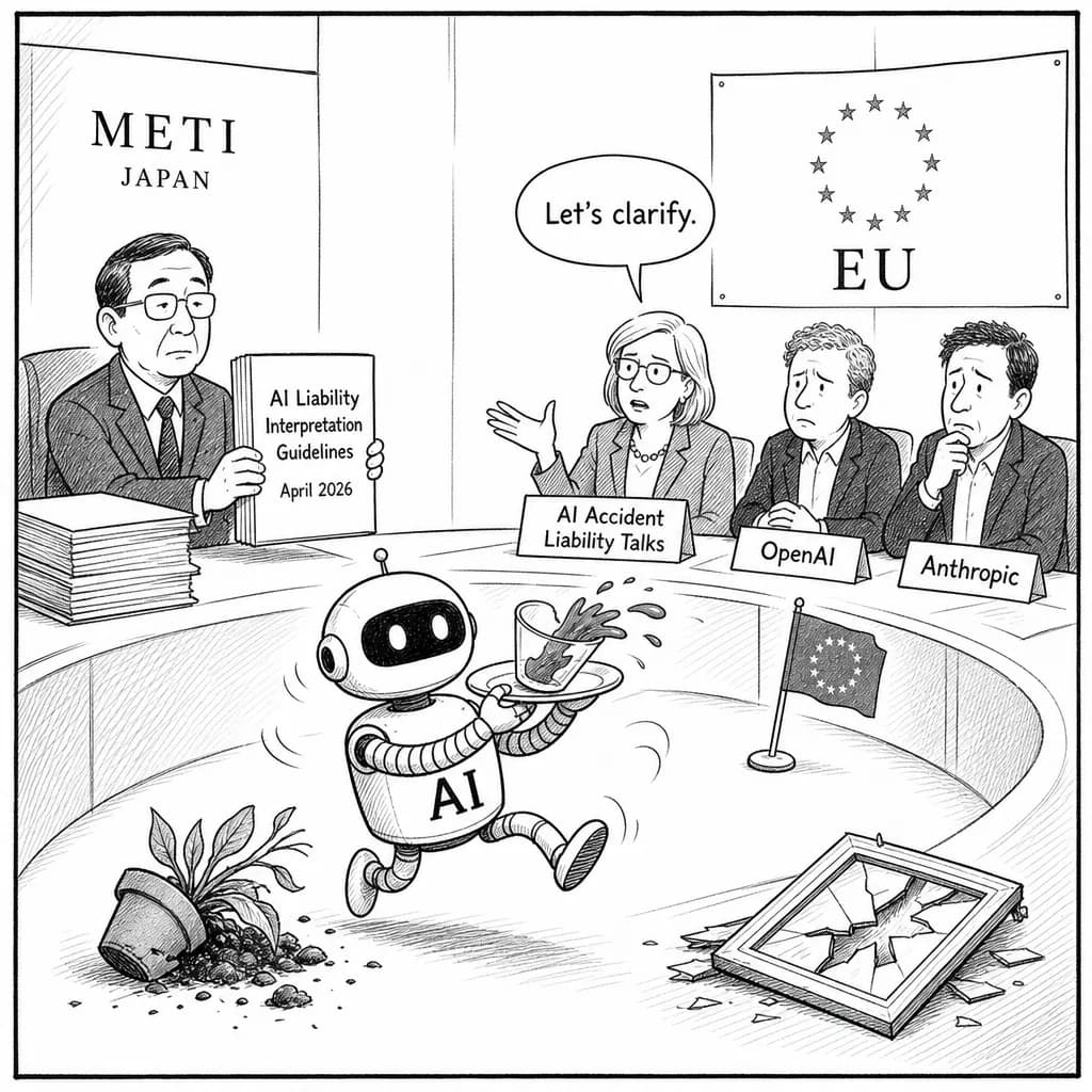 風刺画: AIエージェント事故の過失責任、経産省が手引き公表 EUはOpenAI・Anthropicと協議開始