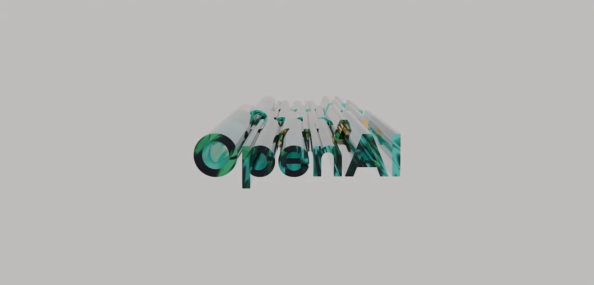 Openai logo with green and white cylindrical letters.