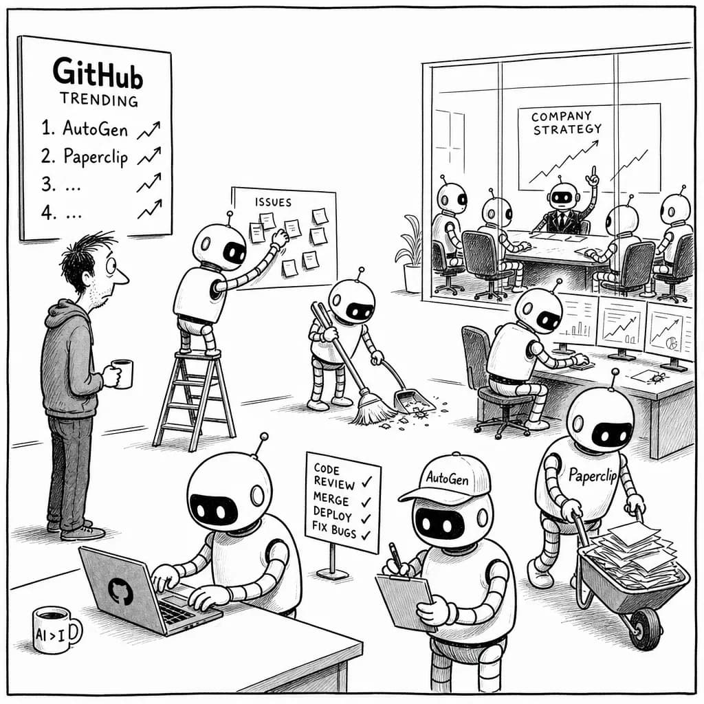 風刺画: AI がGitHubリポジトリを自動メンテしてくれる時代がキた 🤖 AutoGenからPaperclipまで注目の急上昇AIツール解説