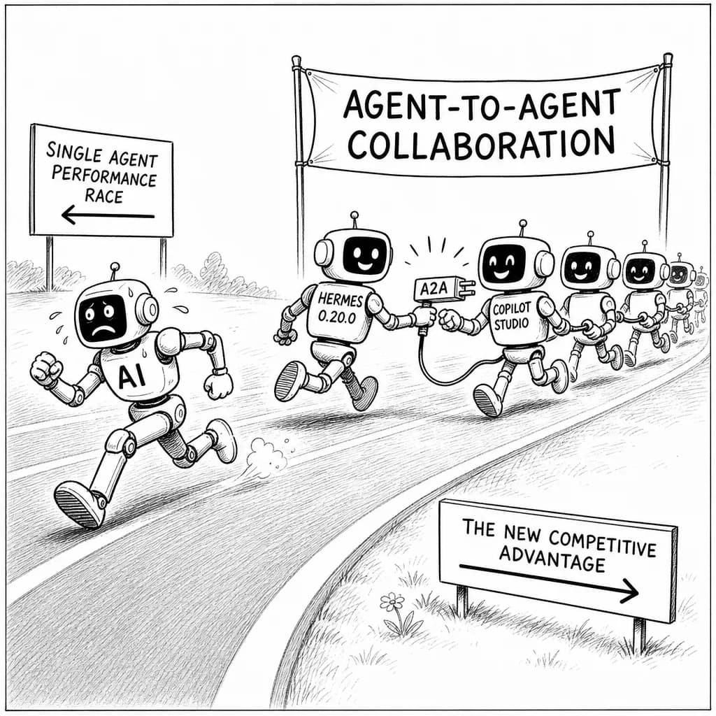 風刺画: AIエージェント、単体性能から『連携』へ——Hermes Agent 0.20.0がA2A実装、Copilot StudioもA2A一般提供