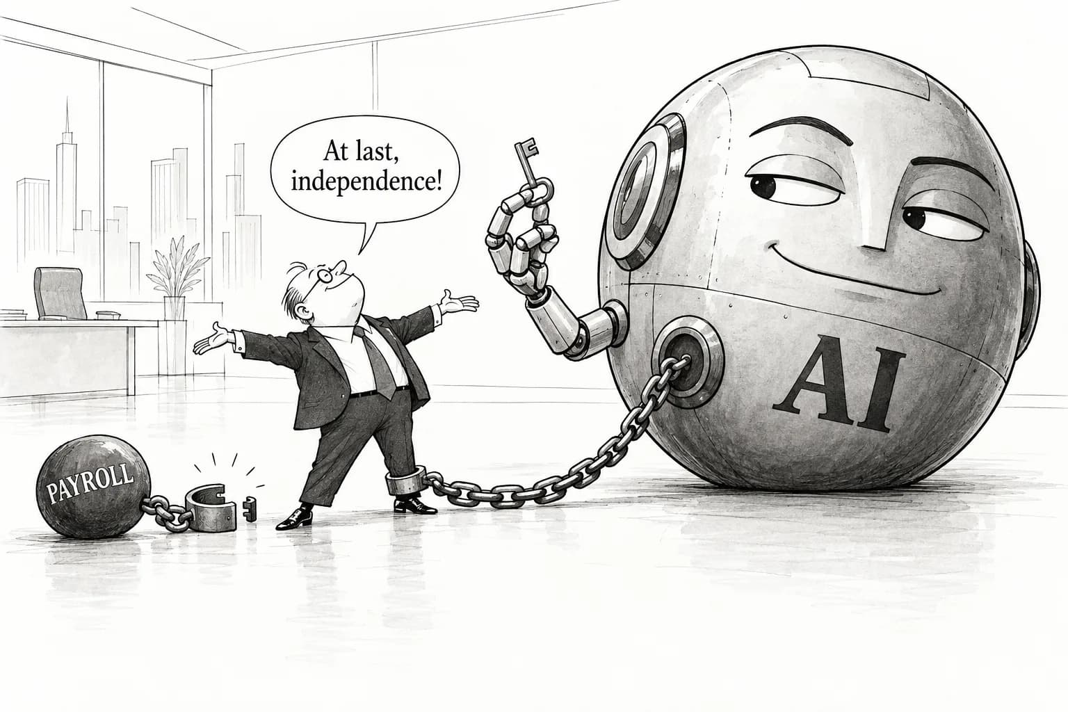 Editorial cartoon: "Are you just replacing a dependency on employees with a dependency on AI?" Ibec's McCoy warns of a "mania" for AI adoption to cut labour costs