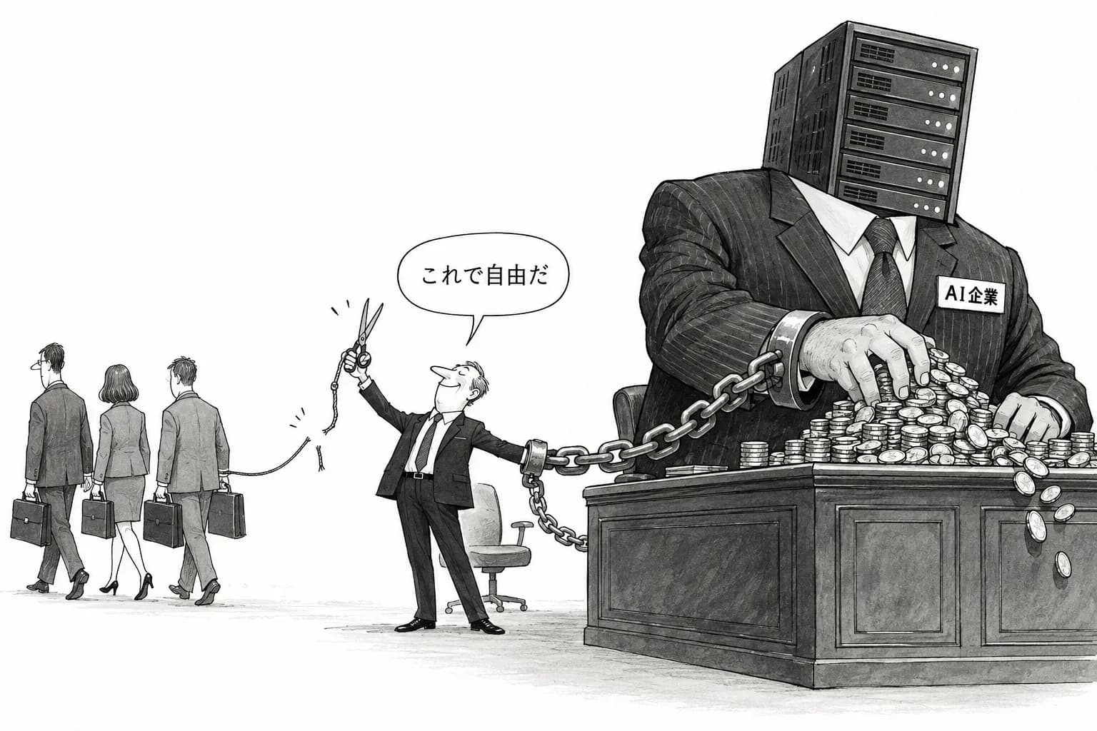 風刺画: 「社員への依存を、AIへの依存に置き換えているだけではないか」――経営者団体 Ibec の McCoy が、人件費削減のための AI 導入を「熱狂」と警告