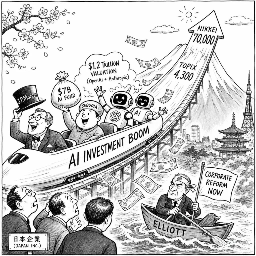 風刺画: 日本のAI投資ブーム加速:J.P.Morganが日経年末目標を70,000円に上方修正、SequoiaがAI特化で70億ドルファンド設立