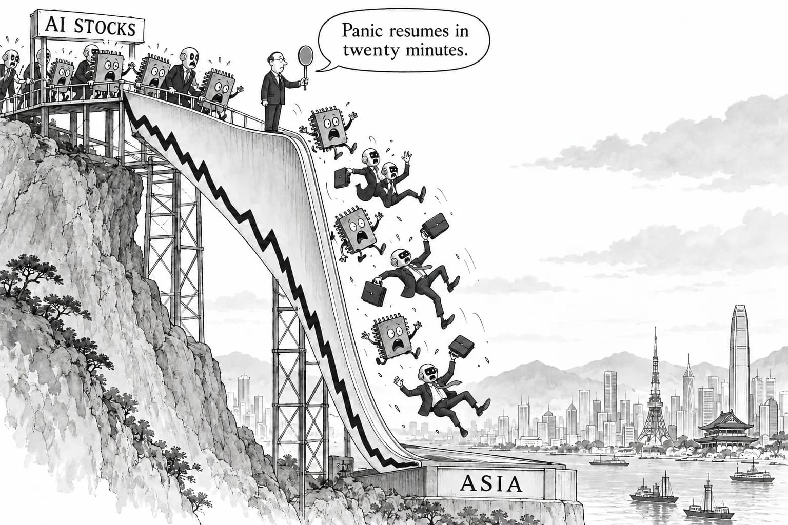 Editorial cartoon: AI stock sell-off spreads to Asia: KOSPI falls 7.57% with a 20-minute trading halt, SK hynix drops 11%, Nikkei down about 4.8%