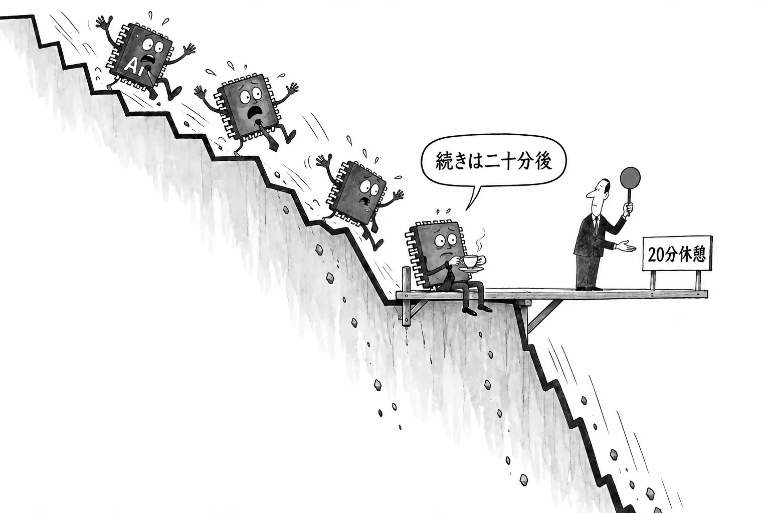 風刺画: AI 株の売りがアジアへ。KOSPI は −7.57% で取引が20分停止、SK hynix は −11%、日経平均は約 −4.8%