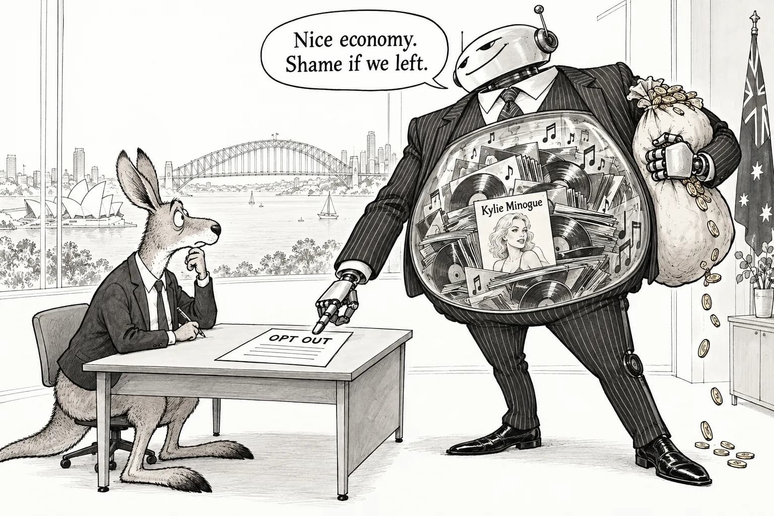Editorial cartoon: Music publishers' body pushes back on Australia's AI training "opt-out" plan, saying firms are threatening "we won't invest" — and that Kylie Minogue's songs are already in datasets, with no other example among 62 countries