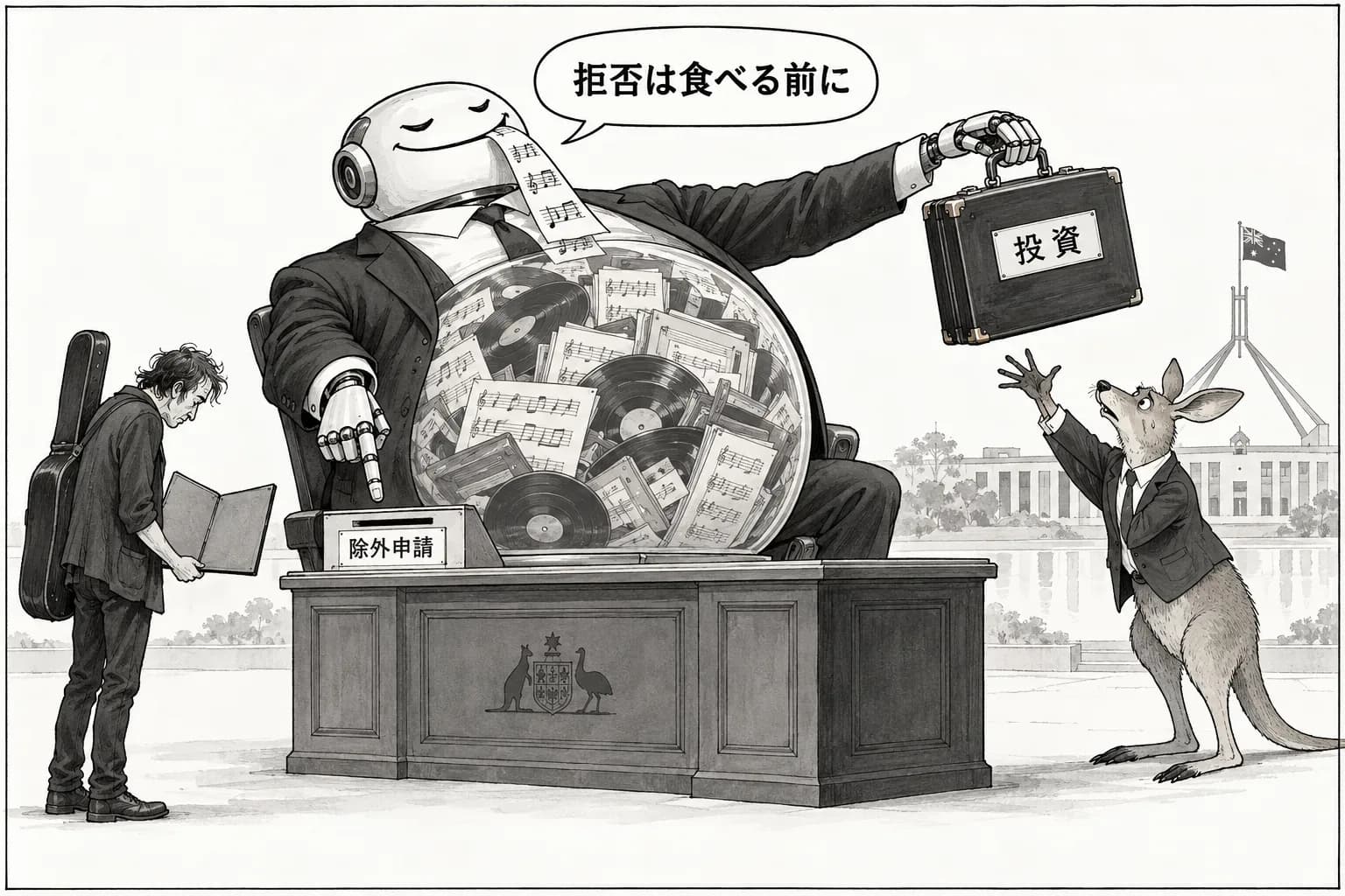 風刺画: 豪州のAI学習『オプトアウト』案に音楽出版社団体が反発、『投資しないぞと迫っている』――Kylie Minogue らの曲はすでにデータセットに入っていると指摘、62か国でほかに例が無いとも