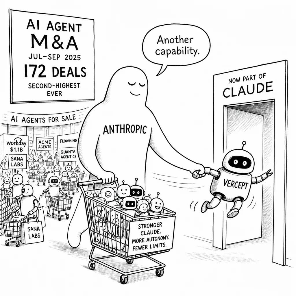 風刺画: AIエージェントM&A、2025年7〜9月に172件で高水準——Anthropicは自律操作企業Vercept買収でClaude強化
