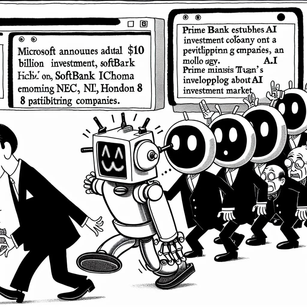 風刺画: 日本AI投資ブーム:Microsoft100億ドル投資、SoftBank新会社設立で市場動向が急速に変化
