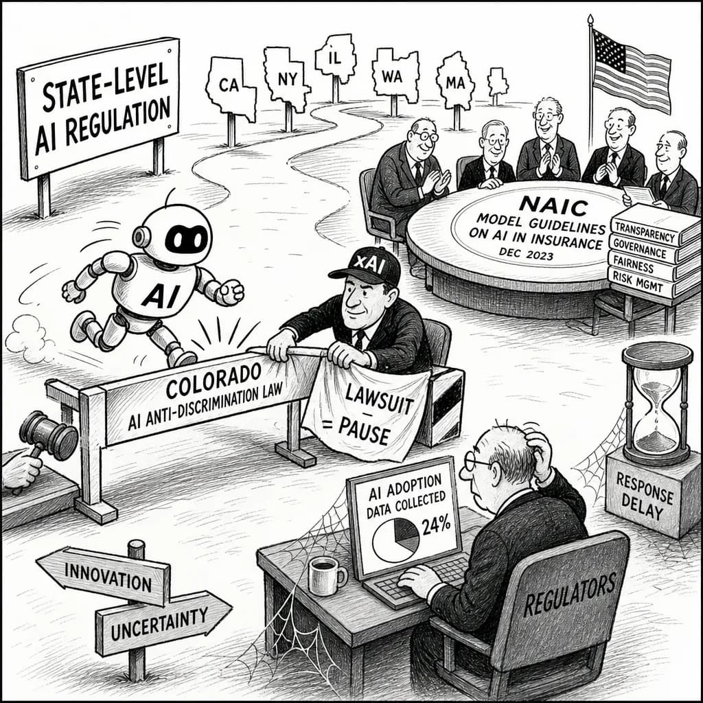 風刺画: 米国州レベルのAI規制強化と日本への政策示唆:コロラド州法の一時停止とNAIC保険業界ガイドライン採択が示す規制動向